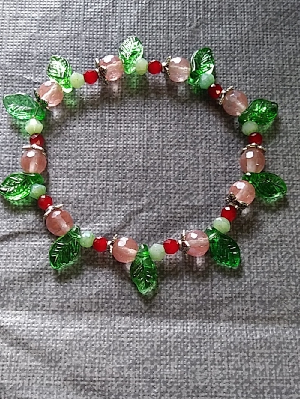 Handmade Green Leaf and Pink Cherry Quartz Beaded Stretch Bracelet
